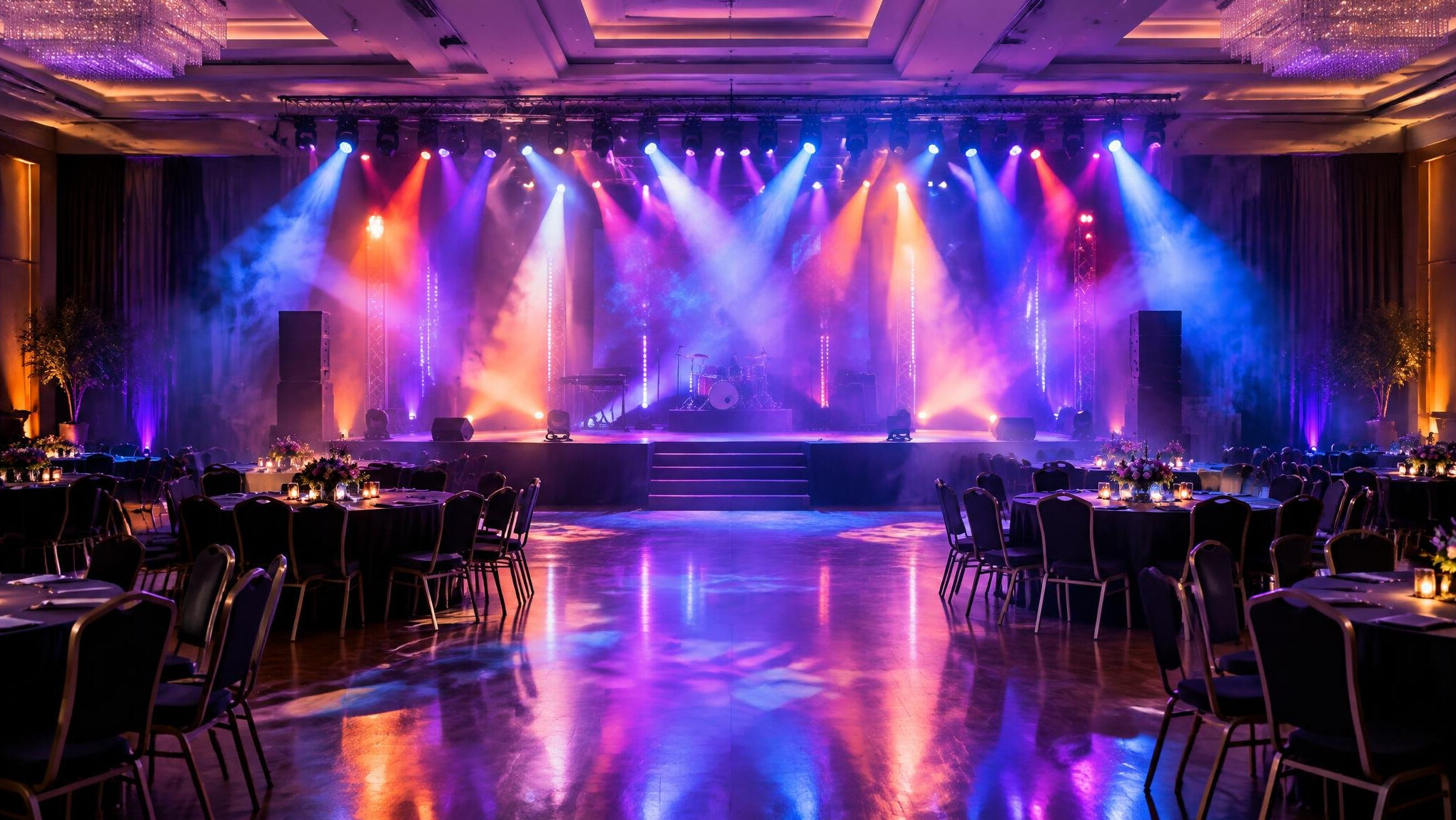 Event hall decorated with colorful lights