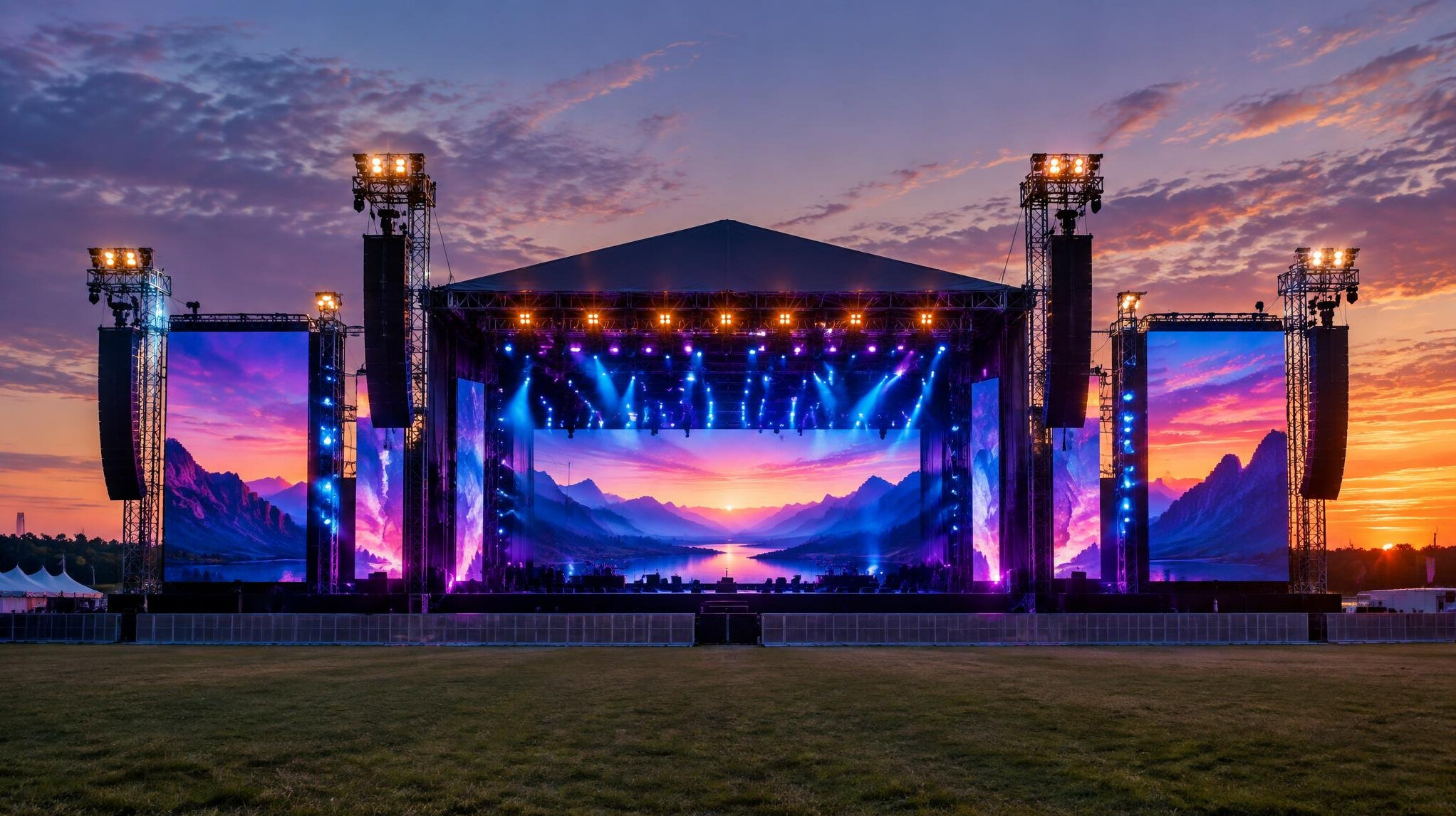 Festival stage at dusk with lighting and screens