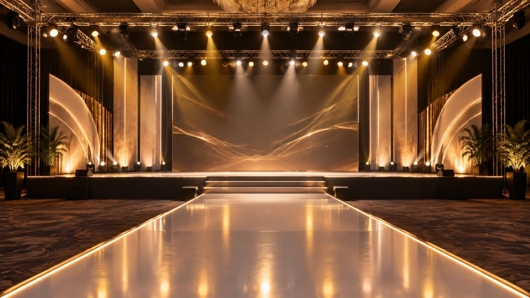 Event stage with warm spotlights and empty ramp