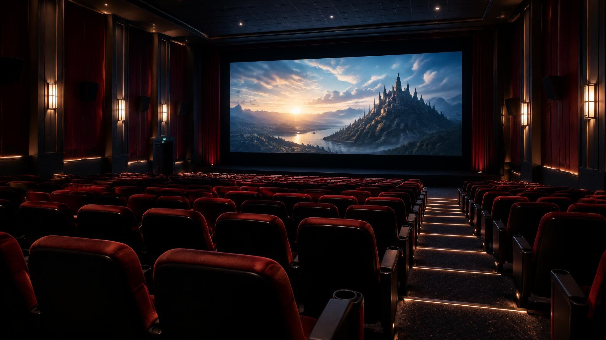 Empty cinema theatre with rows of seats