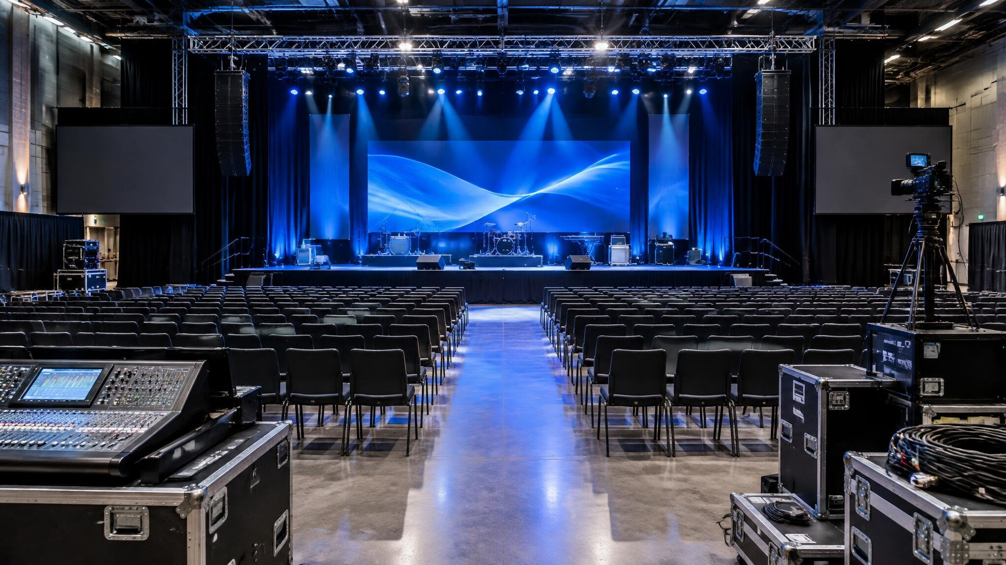 Event hall set up with a stage and seating
